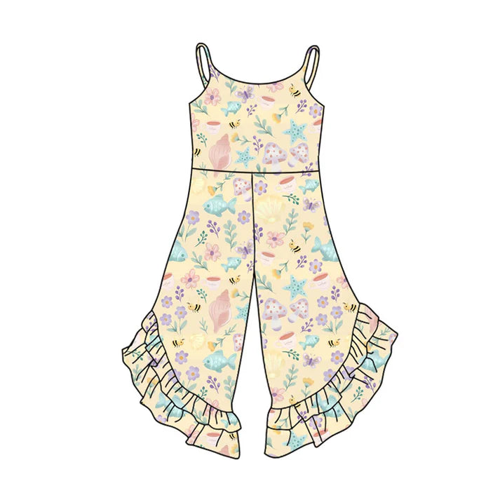 Preorder(moq 5) Baby Girls Strap Fishes Flowers Ruffle Bell Bottom Jumpsuits 11.13