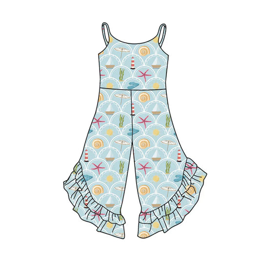Preorder(moq 5) Baby Girls Strap Sea World Checked Ruffle Bell Bottom Jumpsuits 11.13