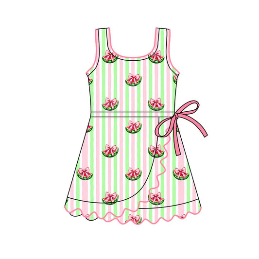 Preorder(moq 5) Baby Girls Pink Green Stripe Bows Watermelons Ruffle Knee Length Dresses 11.13