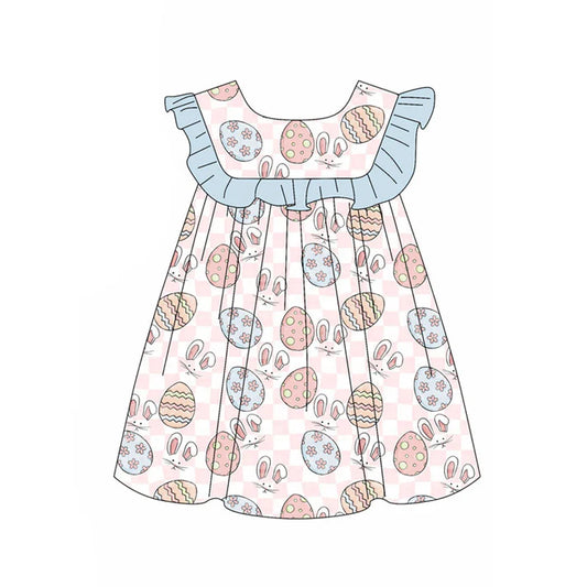 Preorder(moq 5) Baby Girls Pink Checked Eggs Rabbits Easter Knee Length Dresses 11.19