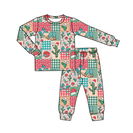 Preorder (moq 5)Baby Boys Long Sleeves Bows Boots Cactus Plaid Top Pant Pajamas Sets 6.10