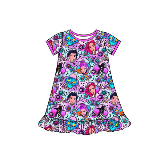 Preorder(moq 5) Baby Girls Short Sleeve Cartoon Girls Flowers Ruffle Knee Length Dresses 10.11