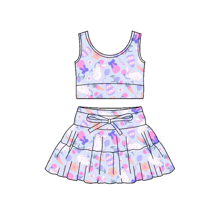 Preorder (moq 5)Baby Girls Flower Rabbit Eggs Vest Ruffle Skirt Short Easter Clothes Sets 1.9