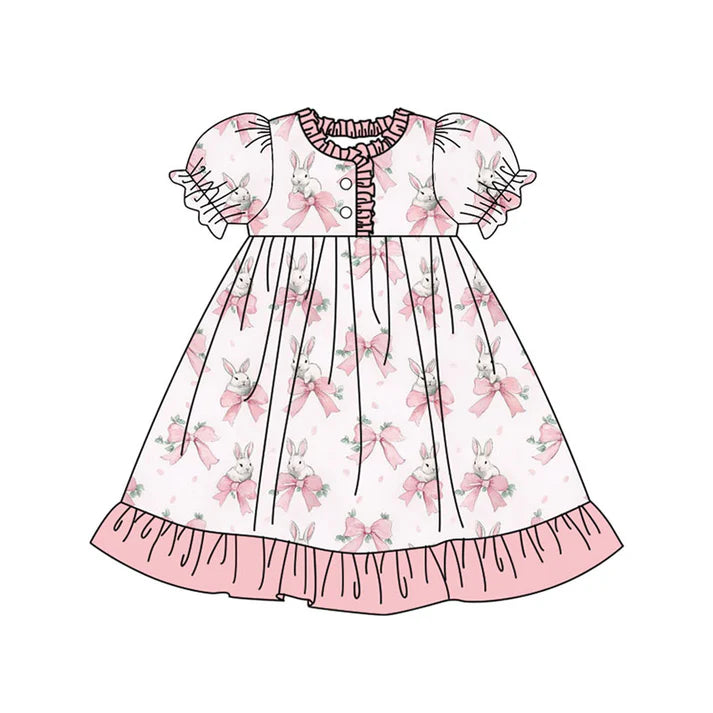 Preorder (moq 8)Baby Girls Pink Bows Rabbits Easter Button Ruffle Knee Length Dresses 9.16
