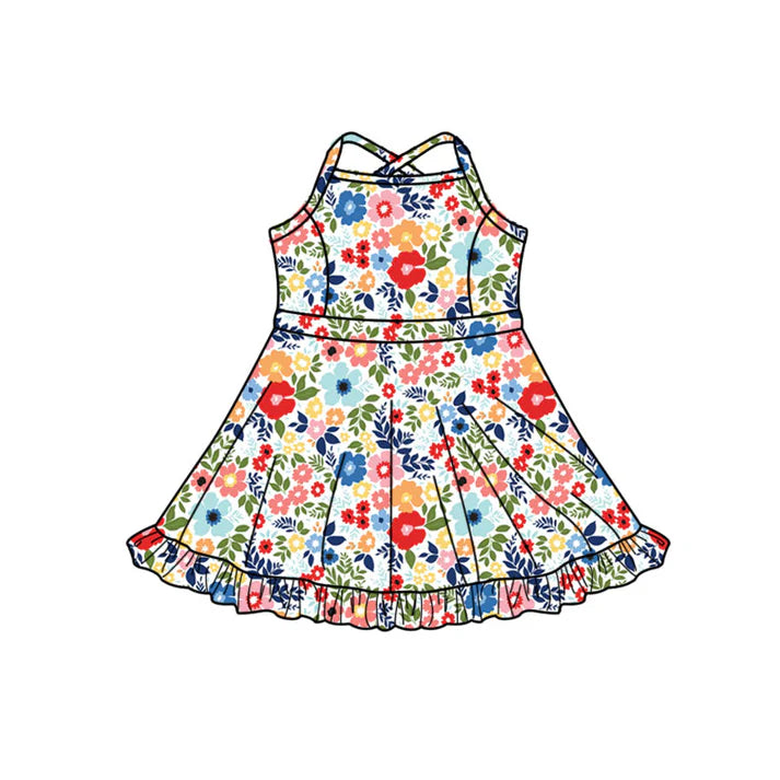 Preorder (moq 5)Baby Girls Strap Colorful Flowers Ruffle Shorts Knee Length Dresses 11.27