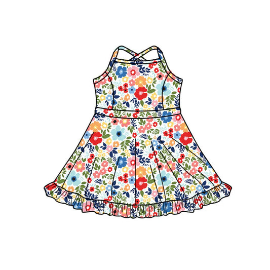 Preorder (moq 5)Baby Girls Strap Colorful Flowers Ruffle Shorts Knee Length Dresses 11.27