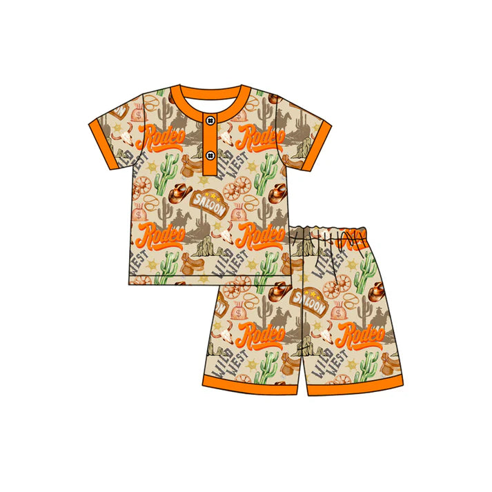 Preorder (moq 5)Baby Boys Orange Short Sleeves Button Cactus Hats Top Shorts Wild Western Pajamas Set 4.24