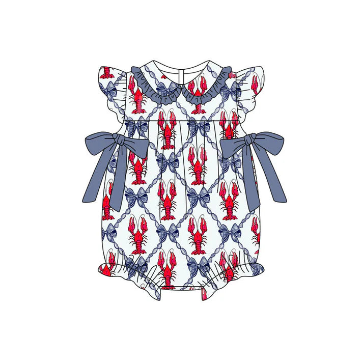 Preorder (moq 5)Baby Girls Flutter Sleeve Crayfishes Bows Checked Ruffle Collar Rompers 11.13