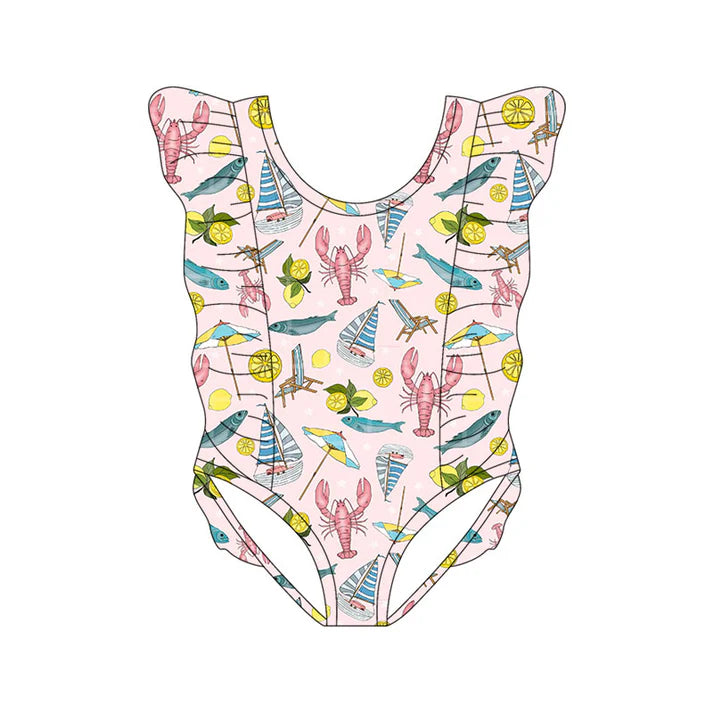 Preorder(moq 5) Baby Girls Crayfishes Fishes Boats Ruffle Swimsuits 11.13