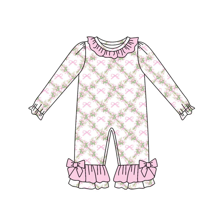 Preorder(moq 5)Baby Infant Girls Long Sleeves Pink Bows Flowers Plaid Ruffle Pants Rompers 7.30