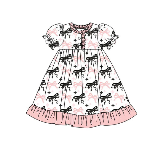 Preorder(moq 5) Baby Girls Pink Black Bows Stars Plaid Button Ruffle Knee Length Dresses 10.30