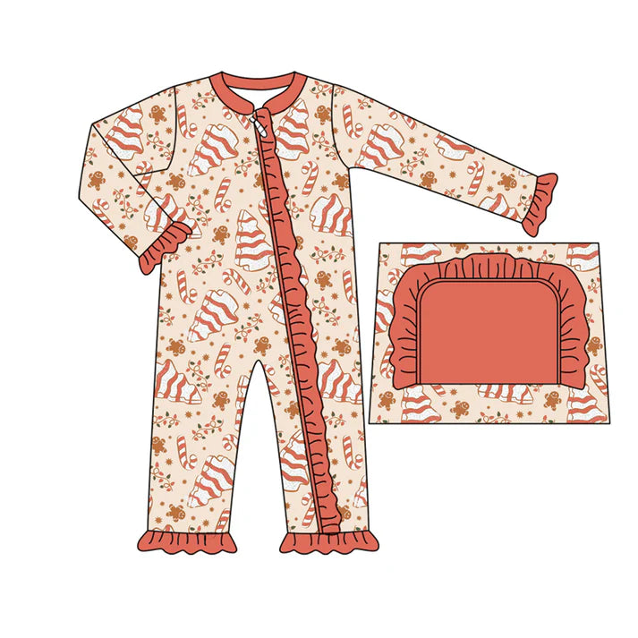 Preorder moq 5 Baby Infant Girls Long Sleeves Candy Cane Gingerbread Ruffle Zipper Romper 7.14
