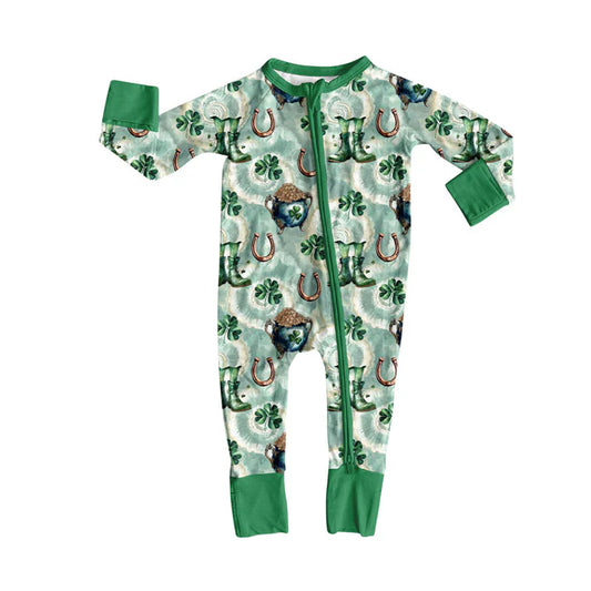 Preorder (moq 5)Baby Girls Clovers Boots St Patrick Western Zipper Footie Rompers 10.9