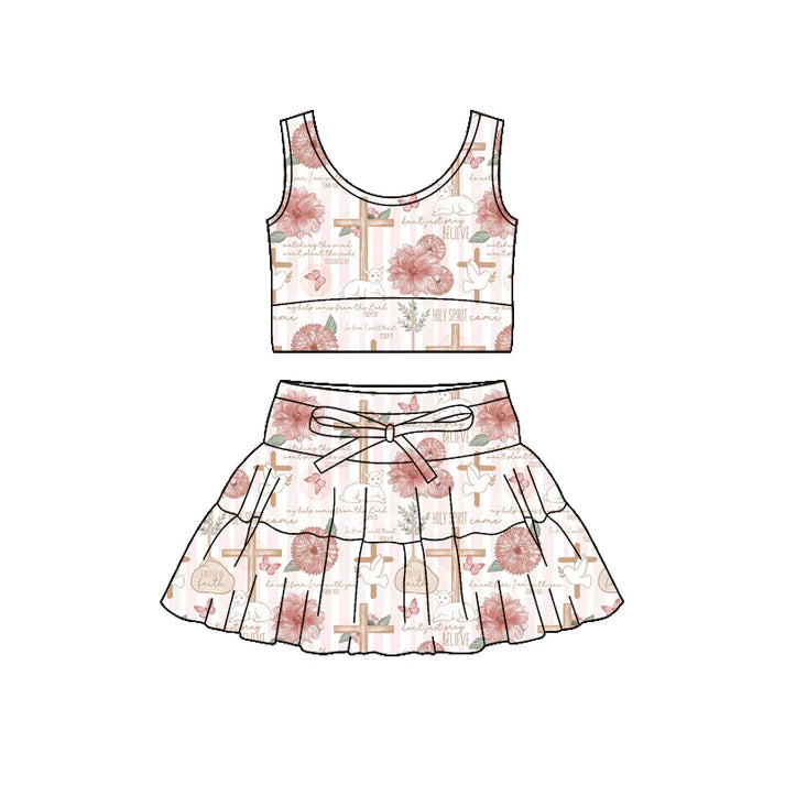 Preorder (moq 5)Baby Girls Flowers Crosses Vests Ruffle Skirt Short Easter Clothes Sets 1.9