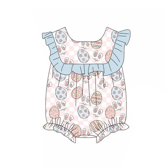 Preorder (moq 5)Baby Girls Pink Checked Rabbits Eggs Easter Ruffle Rompers 11.19