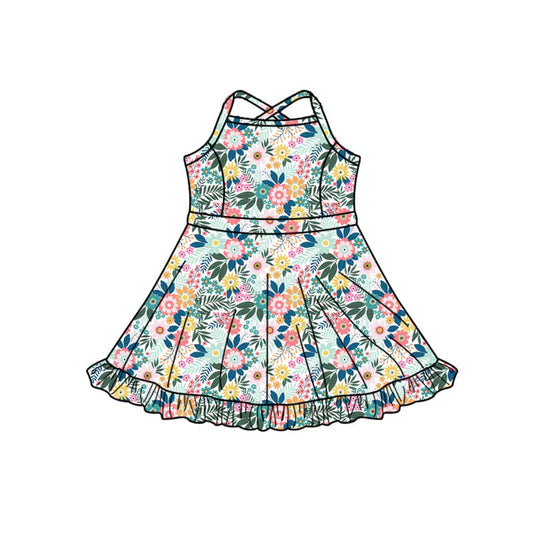 Preorder (moq 5)Baby Girls Strap Colorful Flowers Ruffle Shorts Knee Length Dresses 11.27