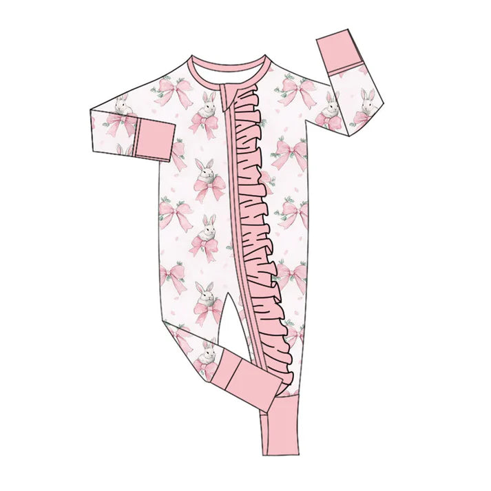 Preorder (moq 8)Baby Girls Pink Bows Rabbits Easter Ruffle Zipper Footie Rompers 9.16