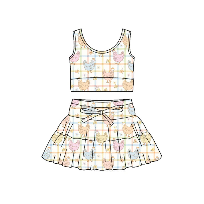 Preorder (moq 5)Baby Girls Flower Chicks Checked Vests Ruffle Skirt Short Farm Clothes Sets 1.9