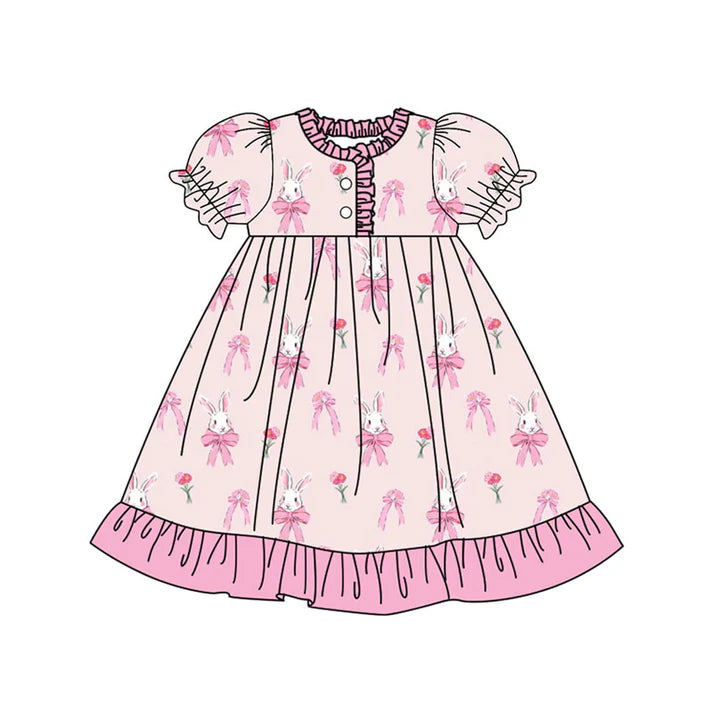 Preorder (moq 8)Baby Girls Pink Flowers Rabbits Easter Button Ruffle Knee Length Dresses 9.16