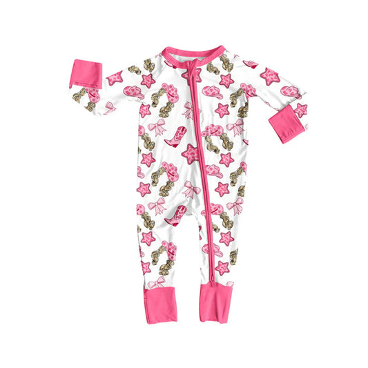 Preorder (moq 5)Baby Girls Stars Hats Boots Valentine Zipper Footie Rompers 10.30