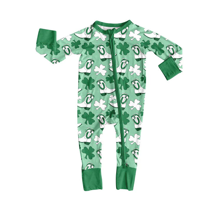 Preorder (moq 5)Baby Girls Clovers Boots St Patrick Western Zipper Footie Rompers 10.9