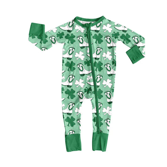 Preorder (moq 5)Baby Girls Clovers Boots St Patrick Western Zipper Footie Rompers 10.9
