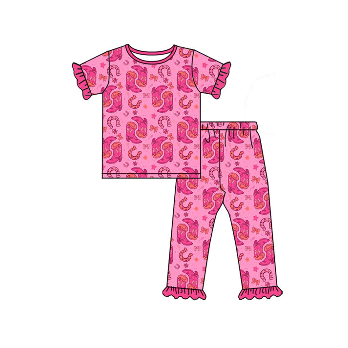 Preorder (moq 5)Baby Girls Bow Boots Top Ruffle Pants Western Pajamas Sets 11.26