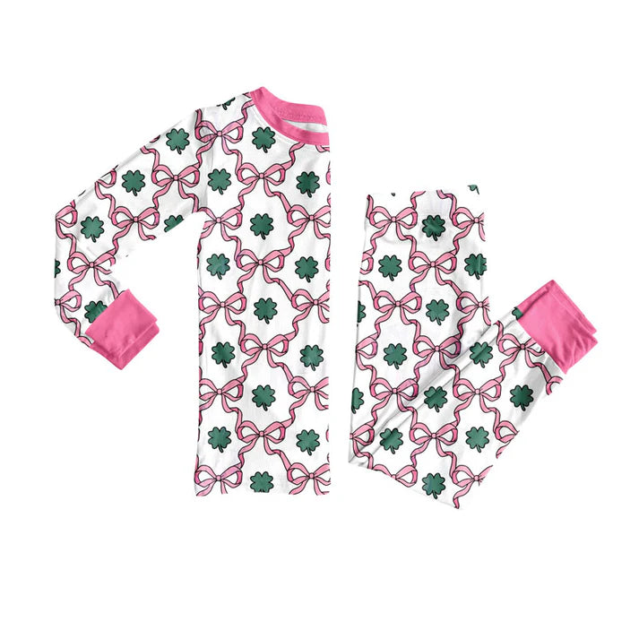 Preorder(moq 5) Baby Girls Pink Bows Clovers Checked Top Pants St Patrick Pajamas Sets 10.9