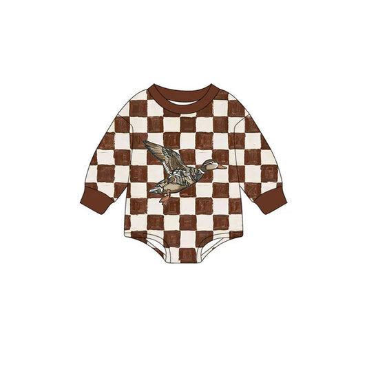 Preorder (moq 5)Baby Boys Brown Checked Ducks Hunting Long Sleeve Rompers 10.23