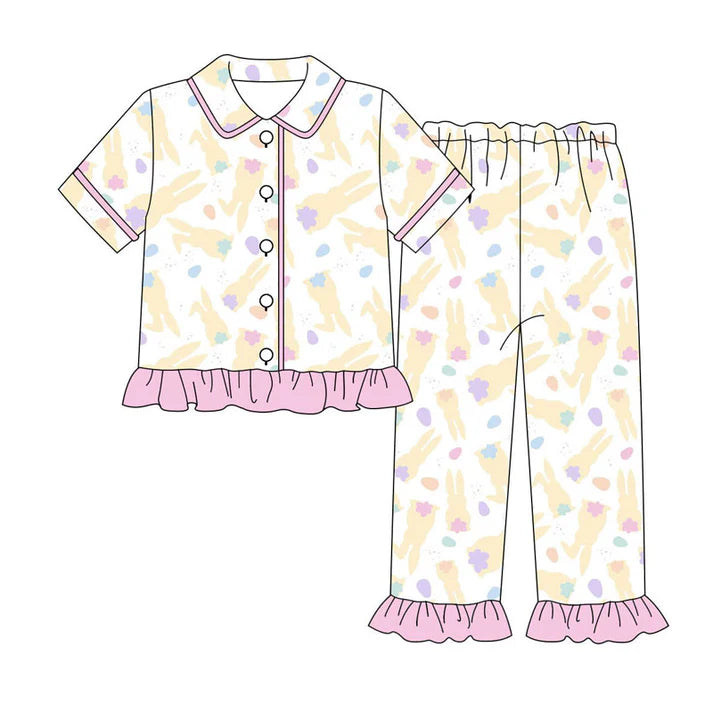 Preorder (moq 8)Baby Girls Yellow Rabbits Button Top Ruffle Pants Easter Pajamas Sets 9.15
