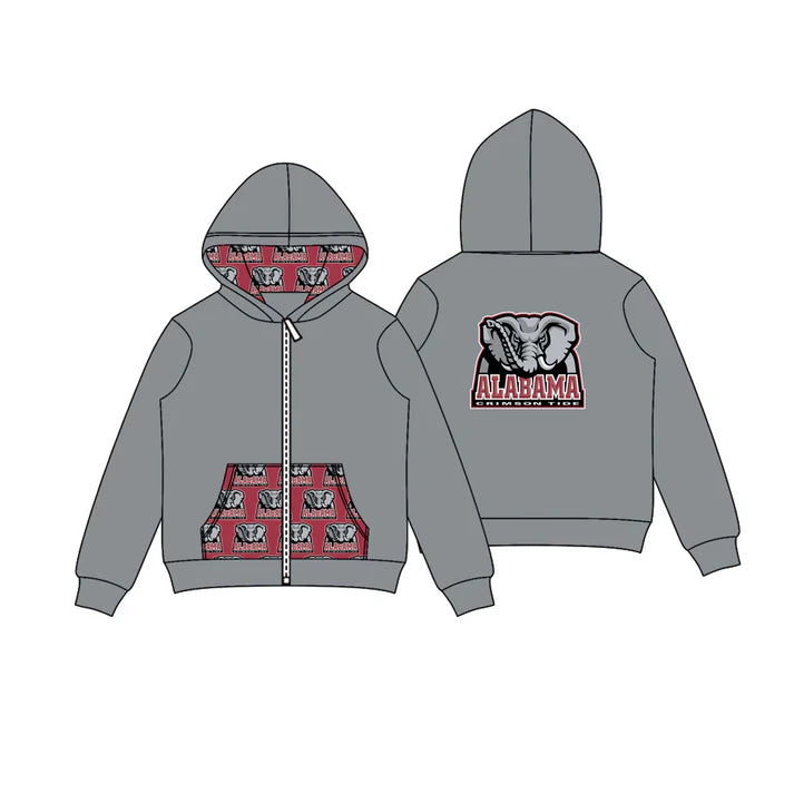 Preorder (moq 5)Baby Boys Gray Alabama Elephants Team Pocket Zipper Hoodies Tops 8.2