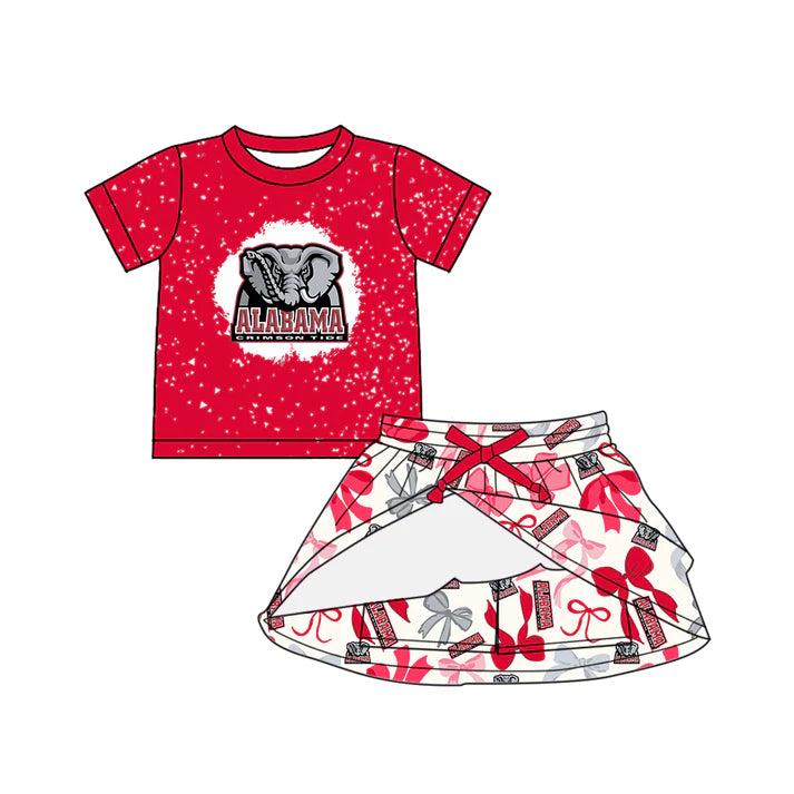 Preorder (moq 5)Baby Girls Red Short Sleeves Alabama Top Bows Plaid Skorts Team Set 6.16