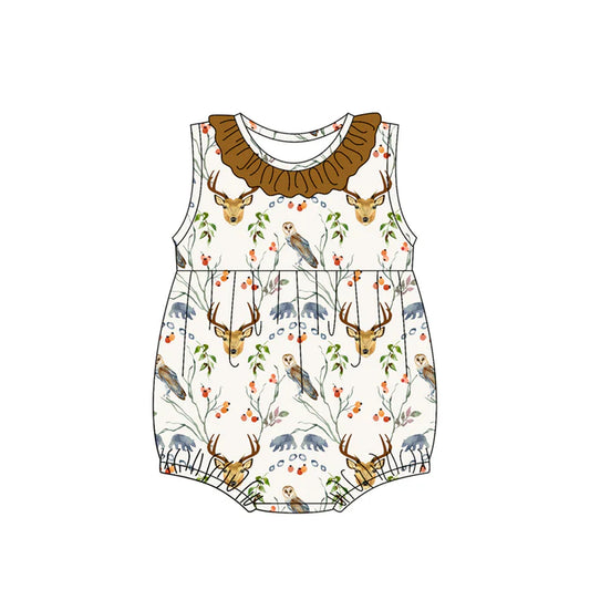 Preorder (moq 5)Baby Girls Brown Sleeveless Deer Floral Ruffle Rompers 5.14
