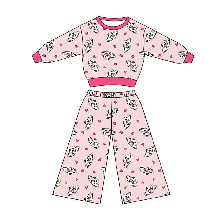 Preorder(moq 5) Baby Girls Howdy Cow Print Hats Hearts Top Flare Pants Western Clothes Sets 10.27