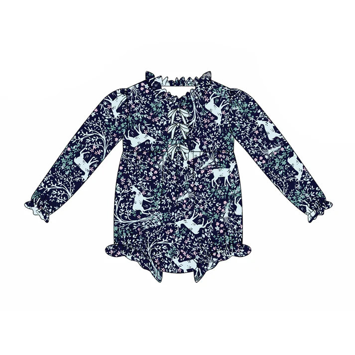 Preorder(moq 5)Baby Infant Girls Blue Floral Deer Plaid Button Ruffle Rompers 8.16
