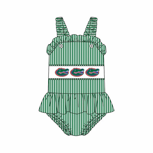 Preorder (moq 5)Baby Girls Strap Green Stripe Crocodiles Tunic Bummies Team Rompers 12.29