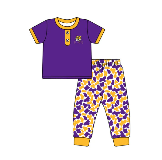 Preorder (moq 5)Baby Boys Purple LSU Tiger Button Top Camo Pants Team Clothes Sets 11.25