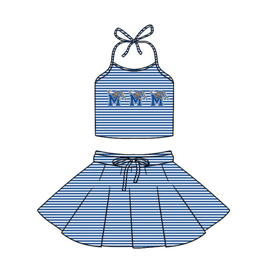 Preorder (moq 5)Baby Girls Strap Blue Stripe M Tigers Vest Top Skirt Shorts 2 Piece Team Swimsuits 12.29