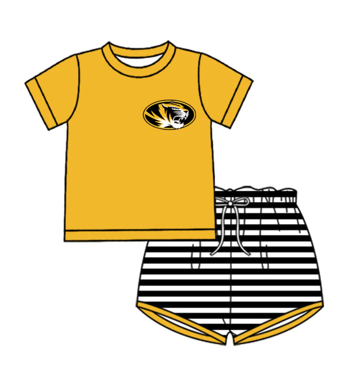 Preorder (moq 5)Baby Boys Yellow Tigers Top Black Stripe Shorts Team Clothes Sets 12.27