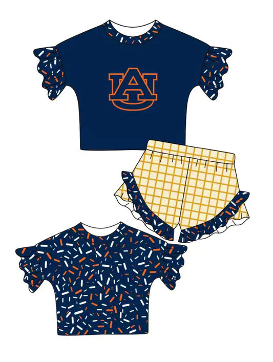 Preorder (moq 5)Baby Girls Navy Sprinkles AU Top Checked Ruffle Shorts Team Clothes Set 1.10