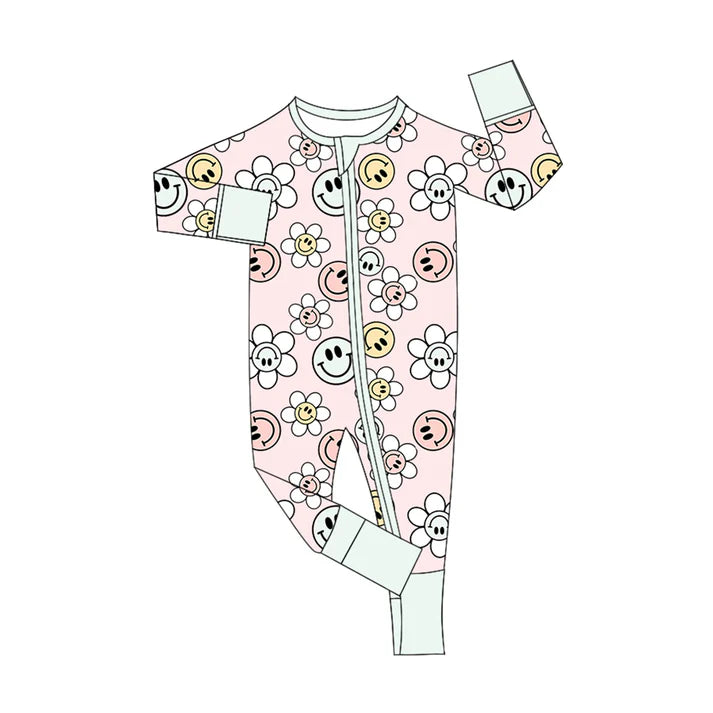 Preorder (moq 5)Baby Girls Pink Long Sleeves Smiles Flowers Zipper Rompers 5.16