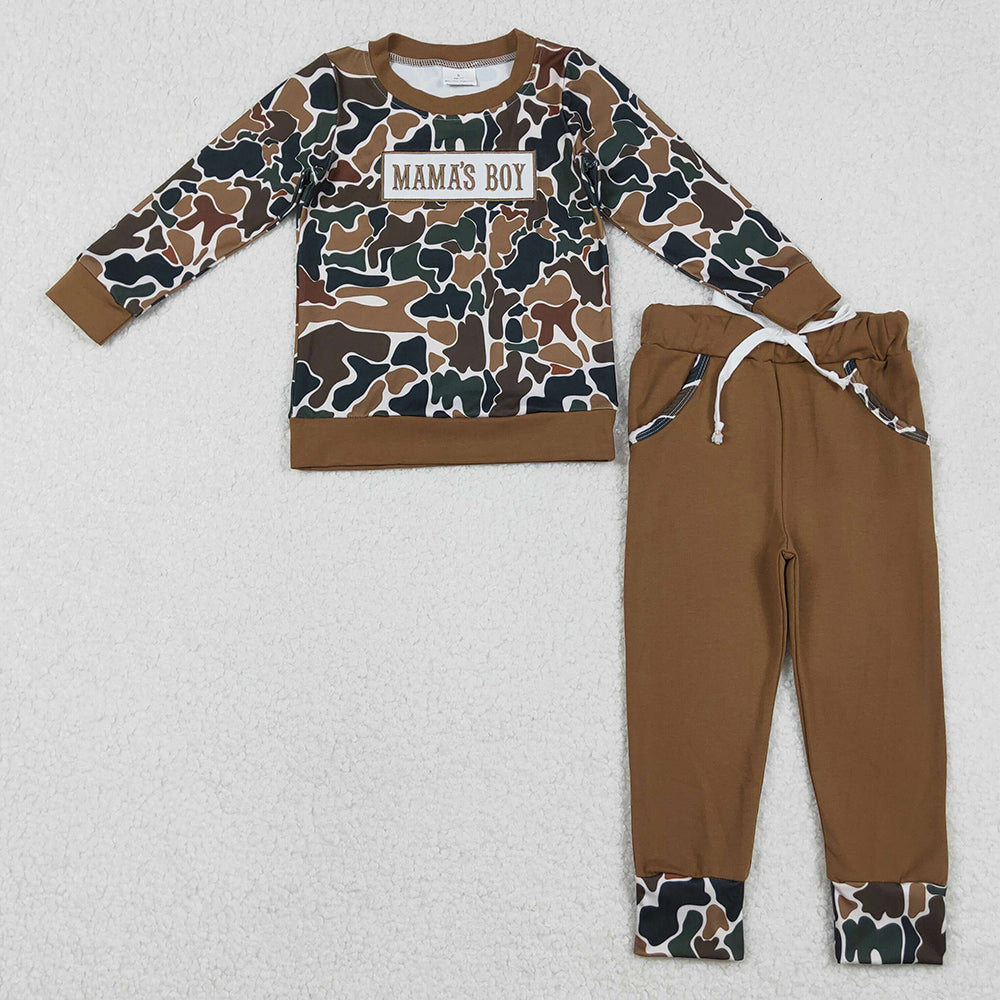 Baby Boys Clothes Embroidery Mama's Boy Dark Brown Camo Pockets Jogger Clothes Sets BLP1337 11.18