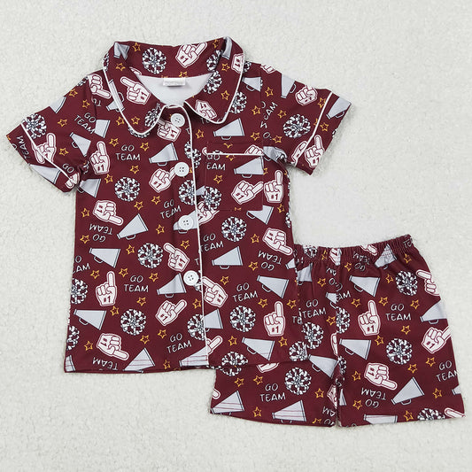 Baby Girls Pajamas Dark Red Shot Sleeves Team Cheer Button Top Shorts Sets GSSO2678 9.2