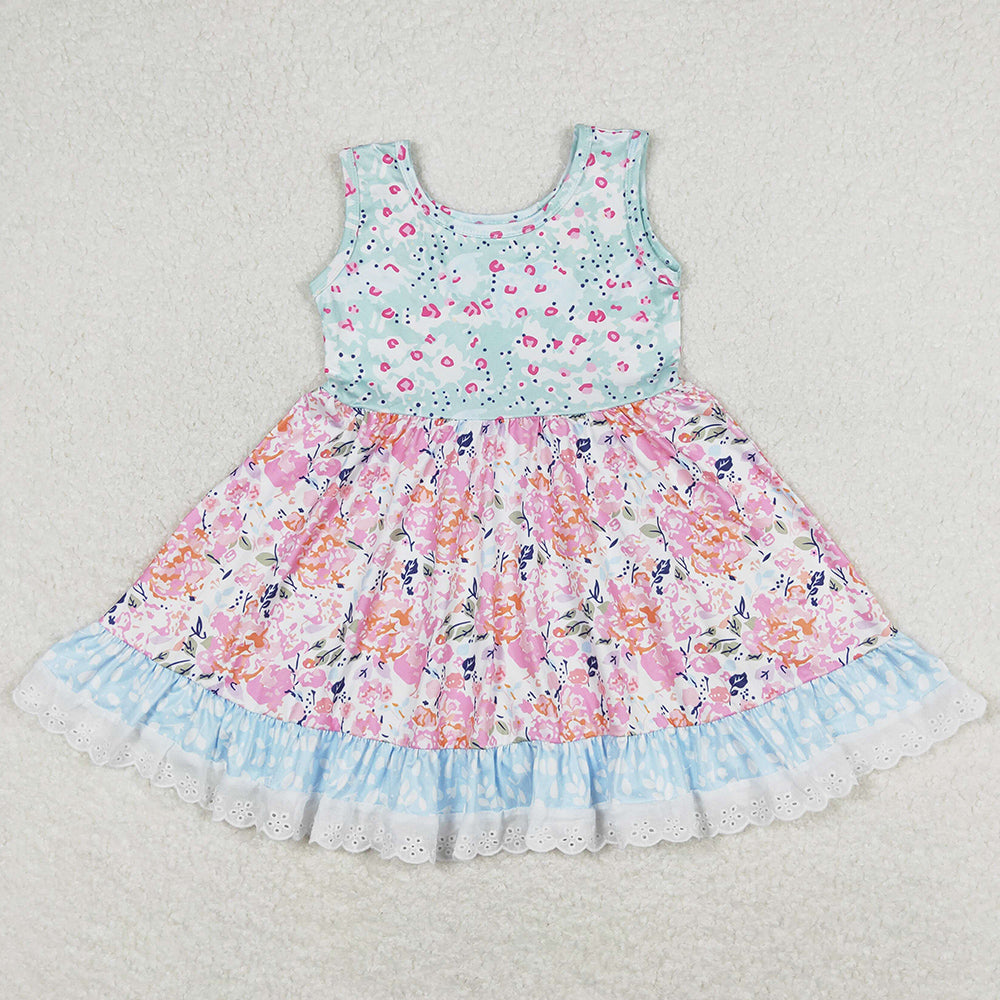 Hot Sale Baby Girls Dress Sleeveless Floral Pink Lace Ruffle Knee Length Dresses GSD0861