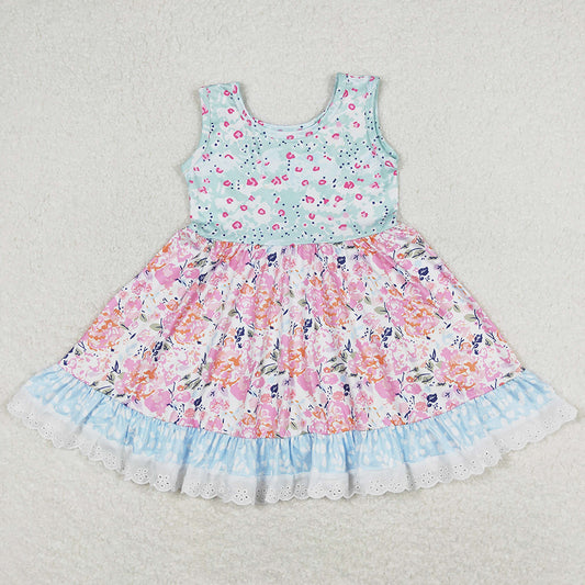 Hot Sale Baby Girls Dress Sleeveless Floral Pink Lace Ruffle Knee Length Dresses GSD0861