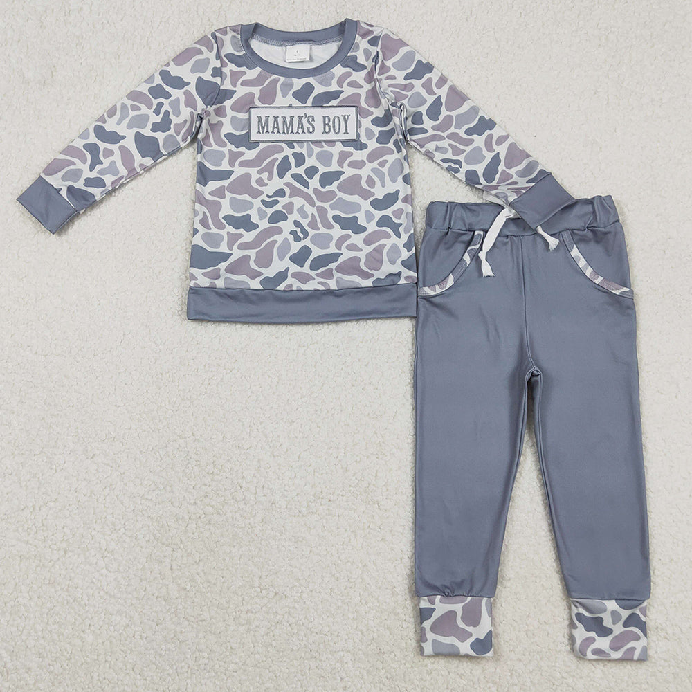 Baby Boys Clothes Embroidery Mama's Boy Grey Camo Pockets Jogger Pants Clothes Sets BLP1335 11.17