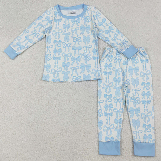 Baby Girls Pajamas Light Blue Bows Plaid Top Pant Pajamas Set GLP2724 9.6