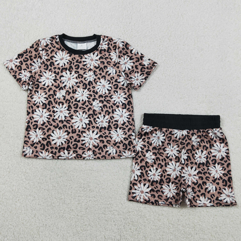 Baby Girls Clothes Leopard Daisy Flowers Top Short Pajamas Clothes Sets GSSO3079