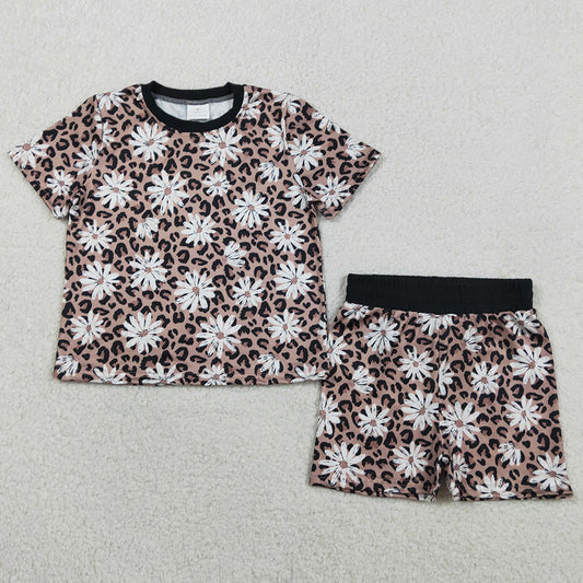 Baby Girls Clothes Leopard Daisy Flowers Top Short Pajamas Clothes Sets GSSO3079