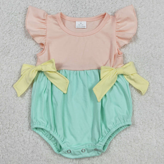 Baby Girls Rompers Flutter Sleeve Pink Aqua Bows Ruffle Rompers SR3662